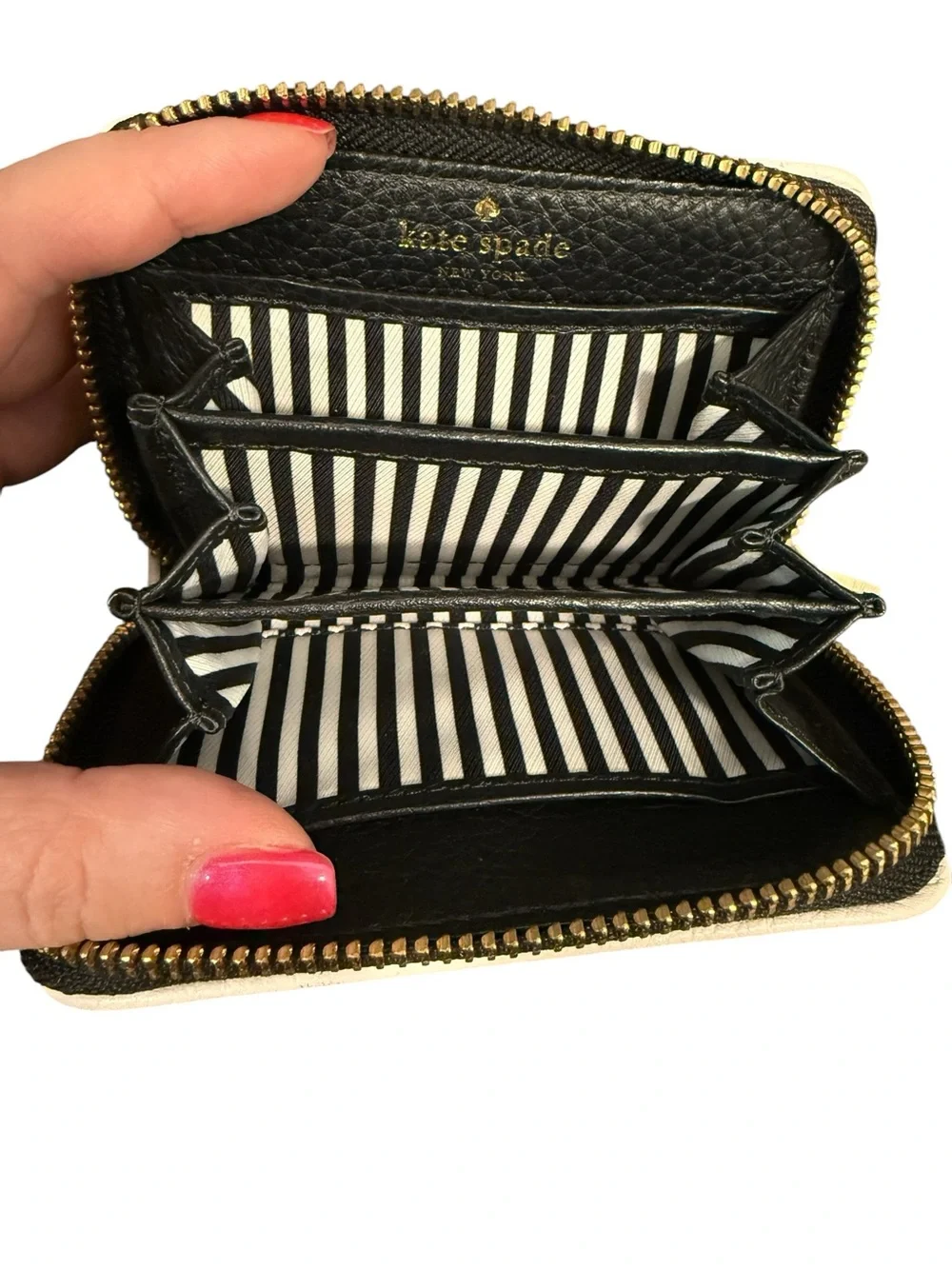 kate spade Black Pebbled Leather Zip Card Wallet with Gold Logo